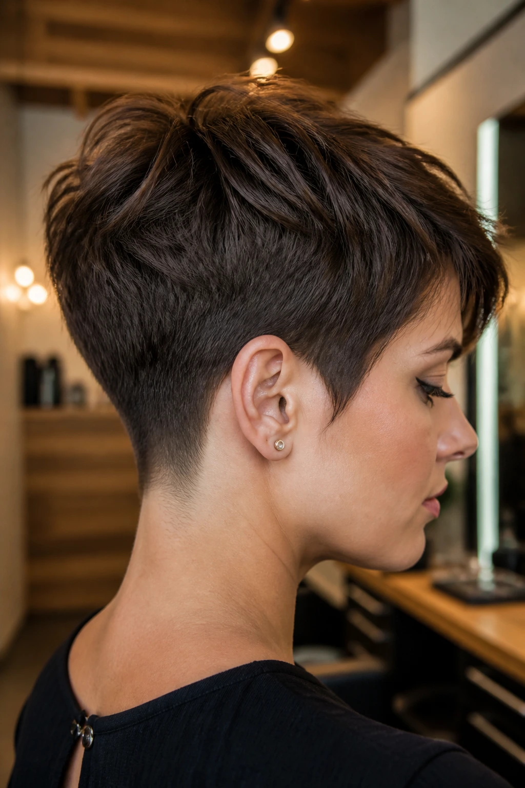 Close-up of a real person with a tapered nape pixie haircut