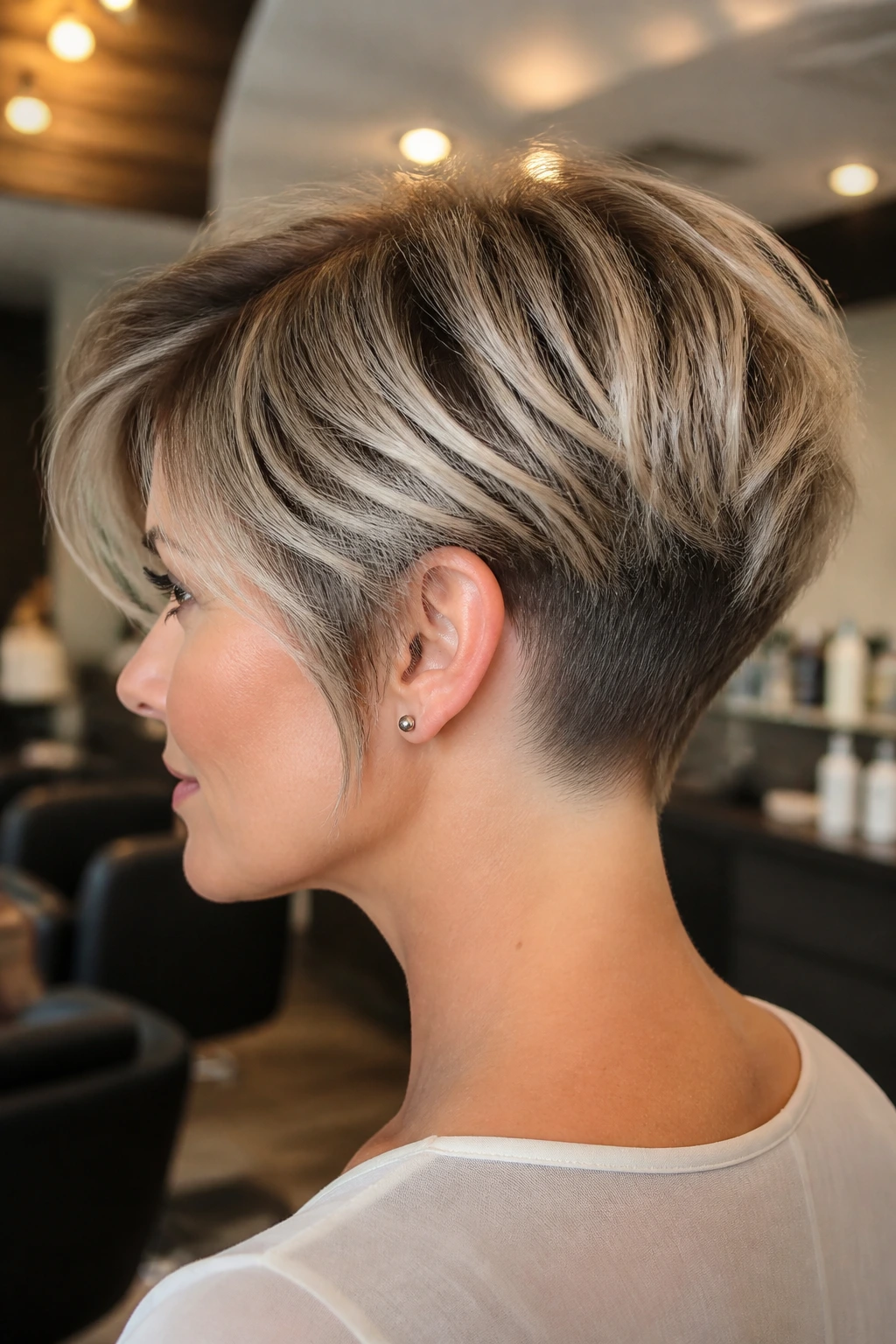Close-up portrait of a woman with a tapered nape pixie bob in a salon