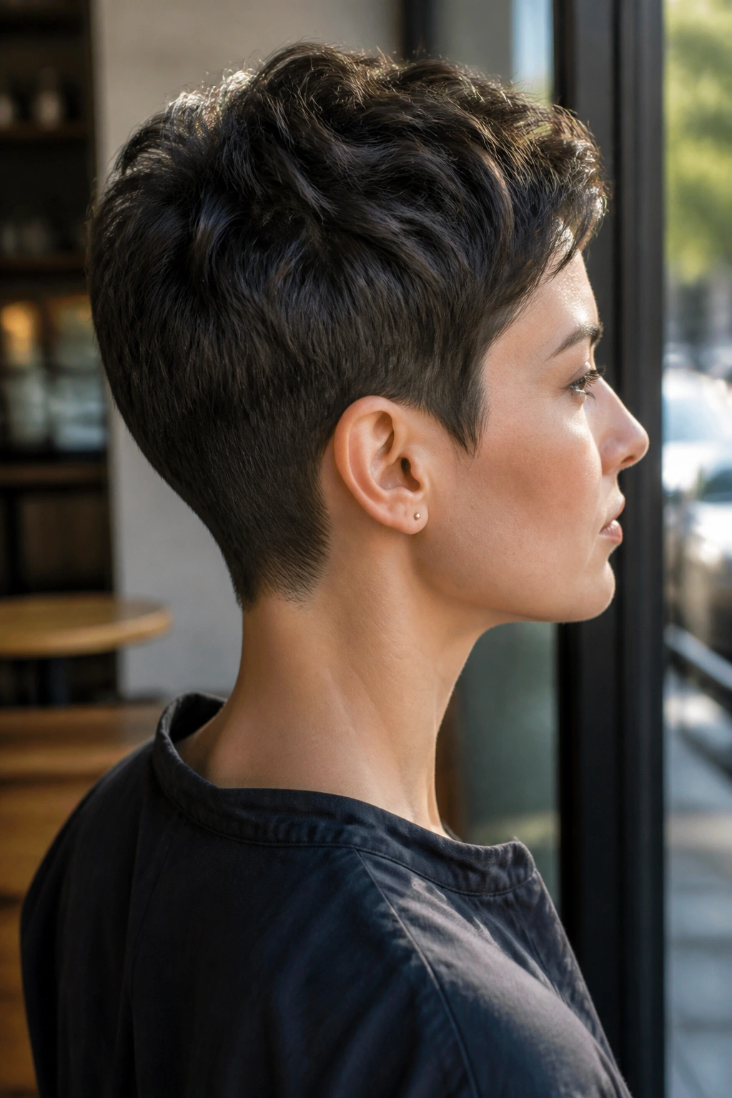 Portrait of a real woman with a tapered nape pixie and clean edges