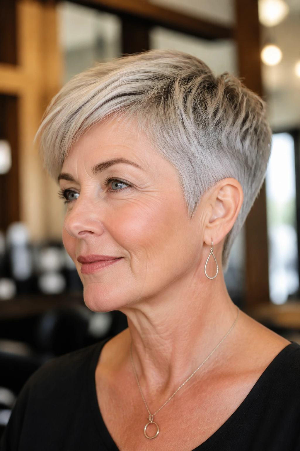Close-up portrait of a real woman with silver-gray tapered nape pixie hairstyle