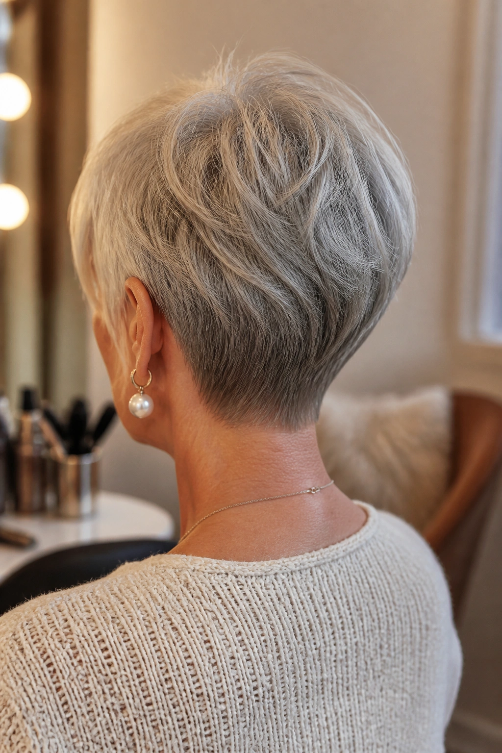 Back of head shot showing a tapered nape pixie on a real person.