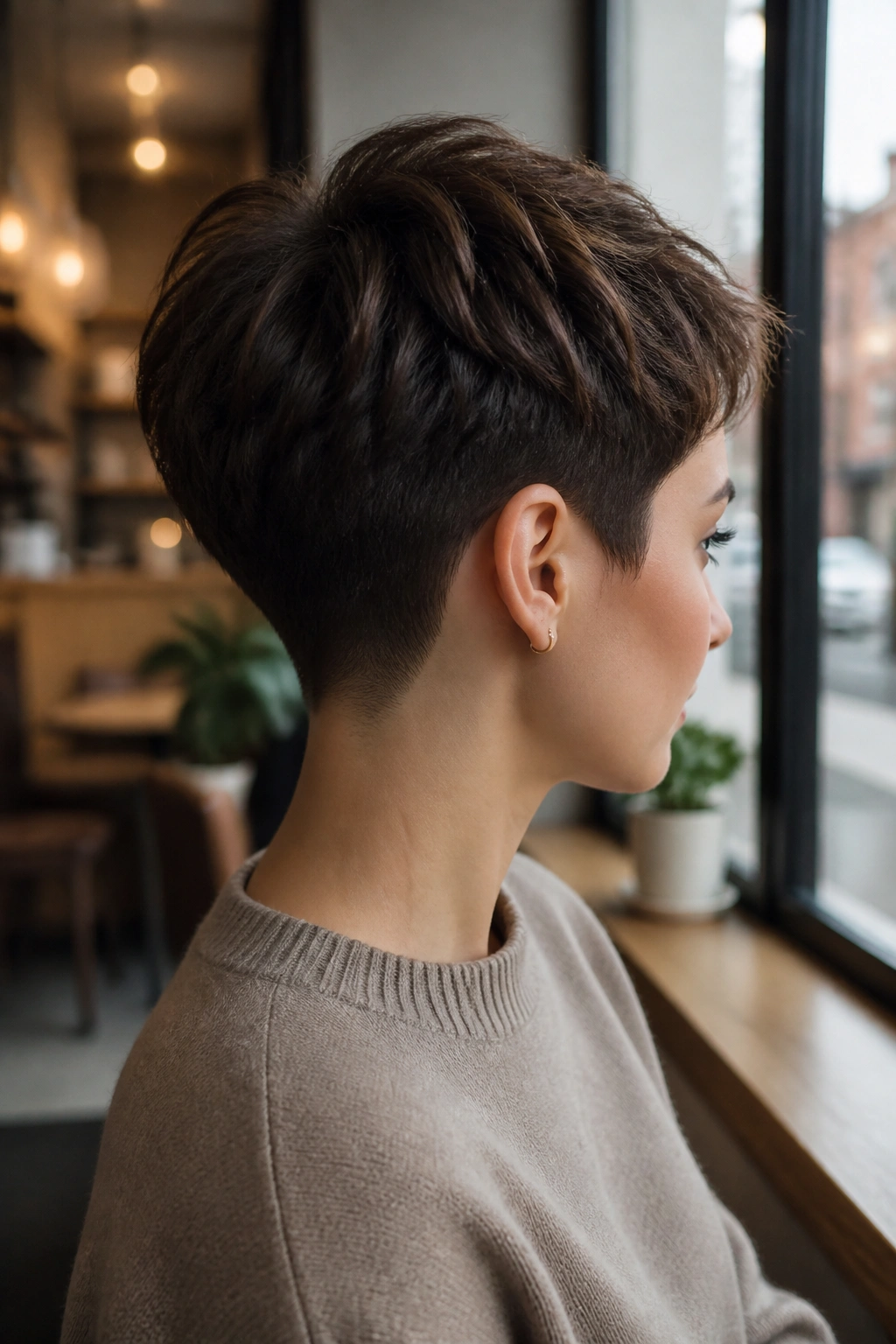 Three-quarter profile of a real person with tapered nape pixie showing clean neckline