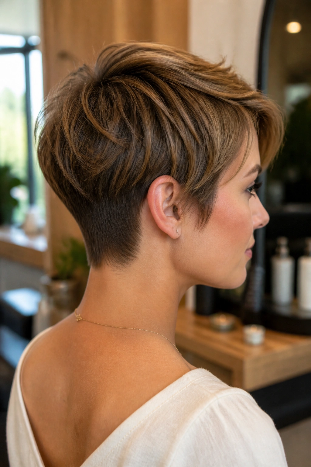 Close-up back/side view of real woman with tapered nape long pixie