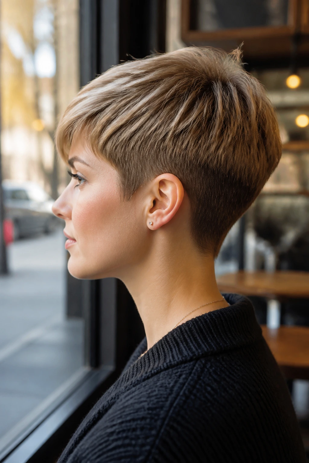 Profile portrait of a person with a tapered nape pixie and clean neckline, straight hair.
