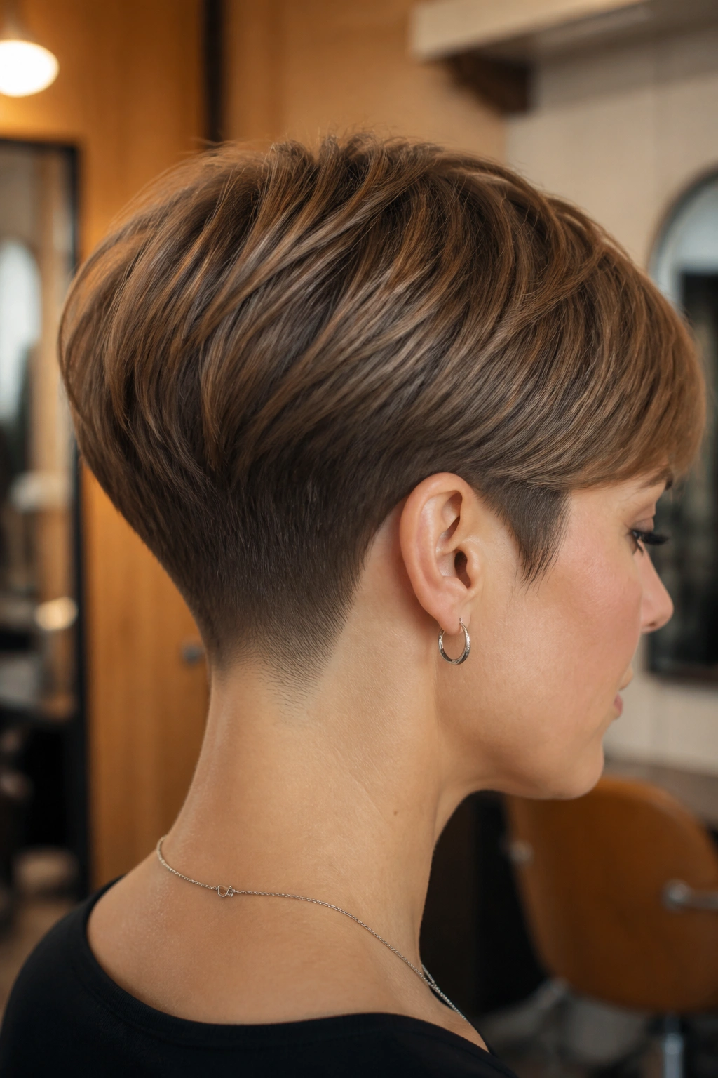 Close-up portrait of a woman with a tapered nape pixie haircut