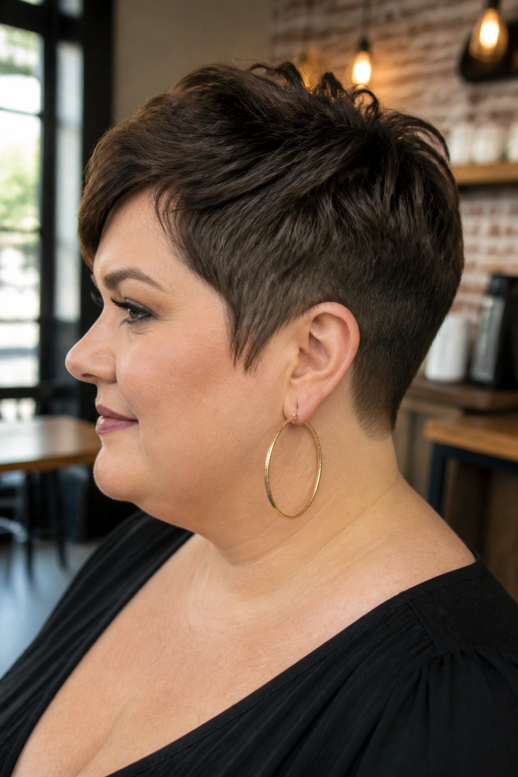 Close-up profile portrait of a real woman with a tapered nape pixie and exposed neck