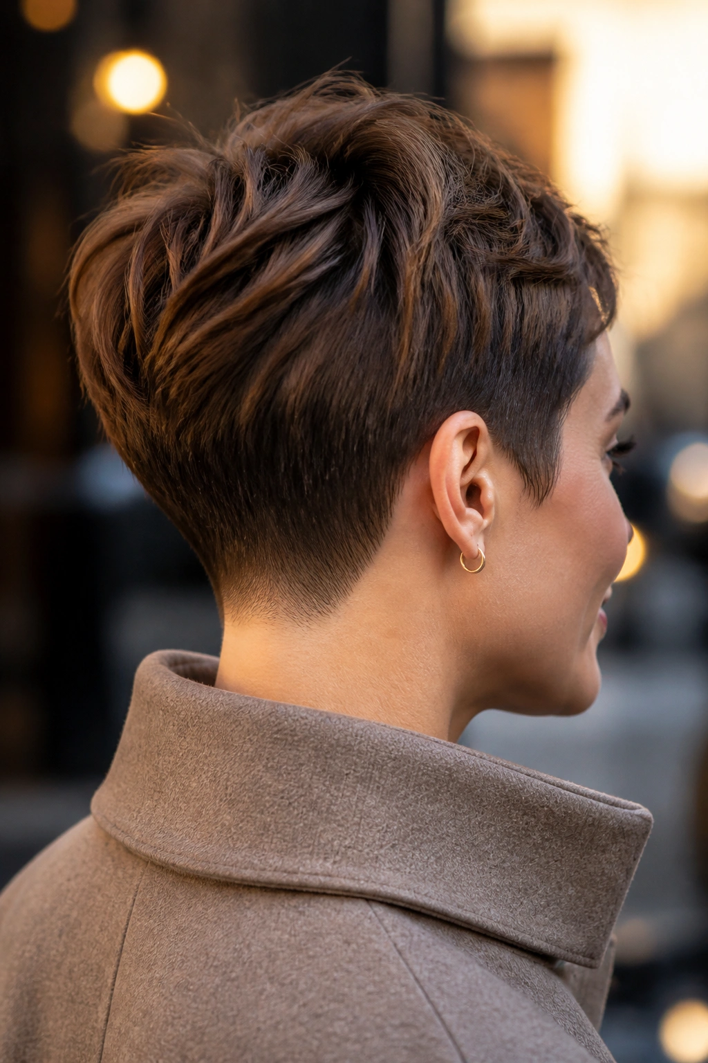 Close-up of real person with tapered nape pixie showing neat neck taper