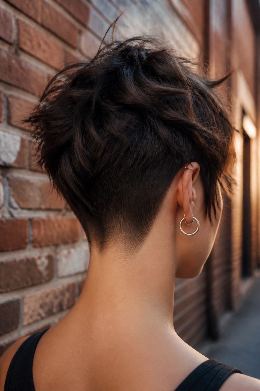 Back-of-head portrait showing a tapered nape shag on a real woman