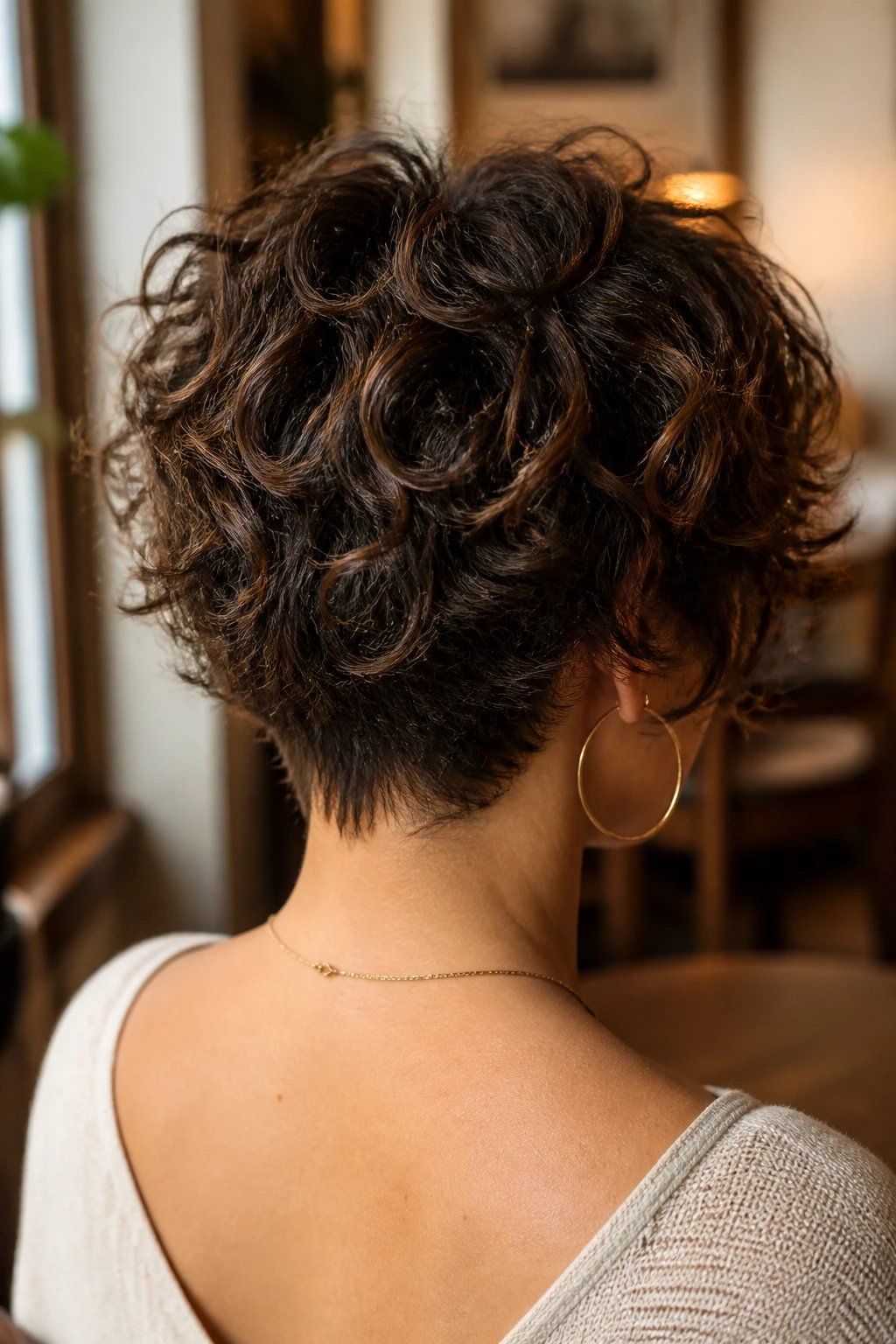 Rear-view close-up of a real woman with a tapered-nape shag hairstyle
