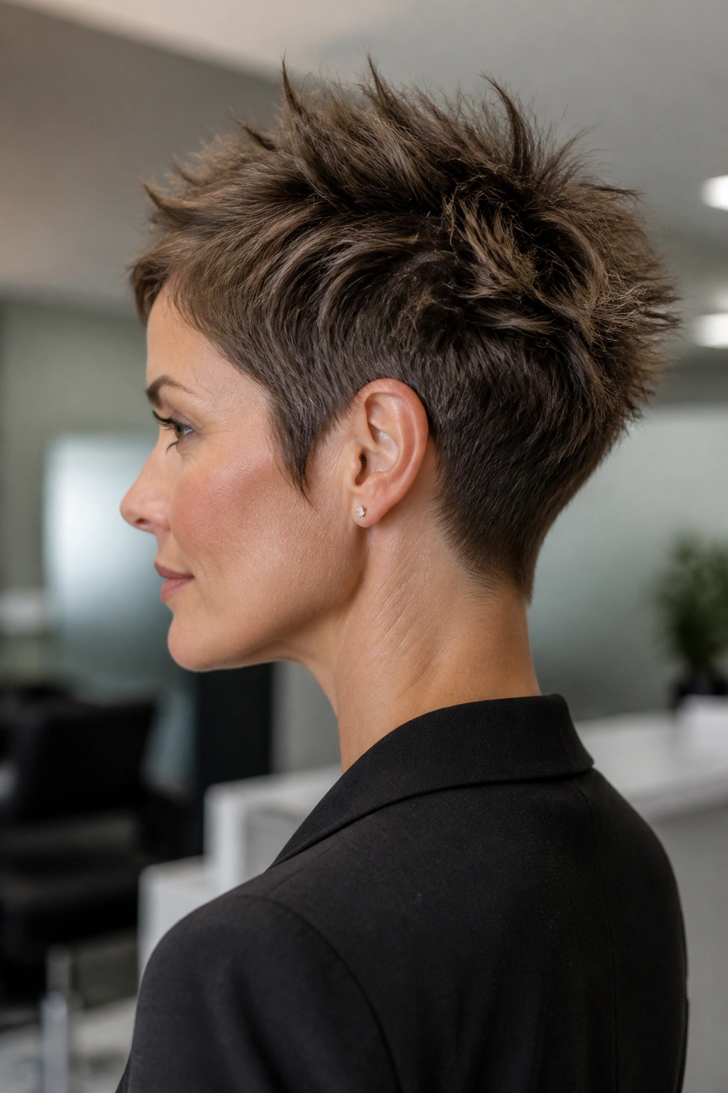 Three-quarter profile of a real woman with tapered nape and spiky top pixie wolf cut