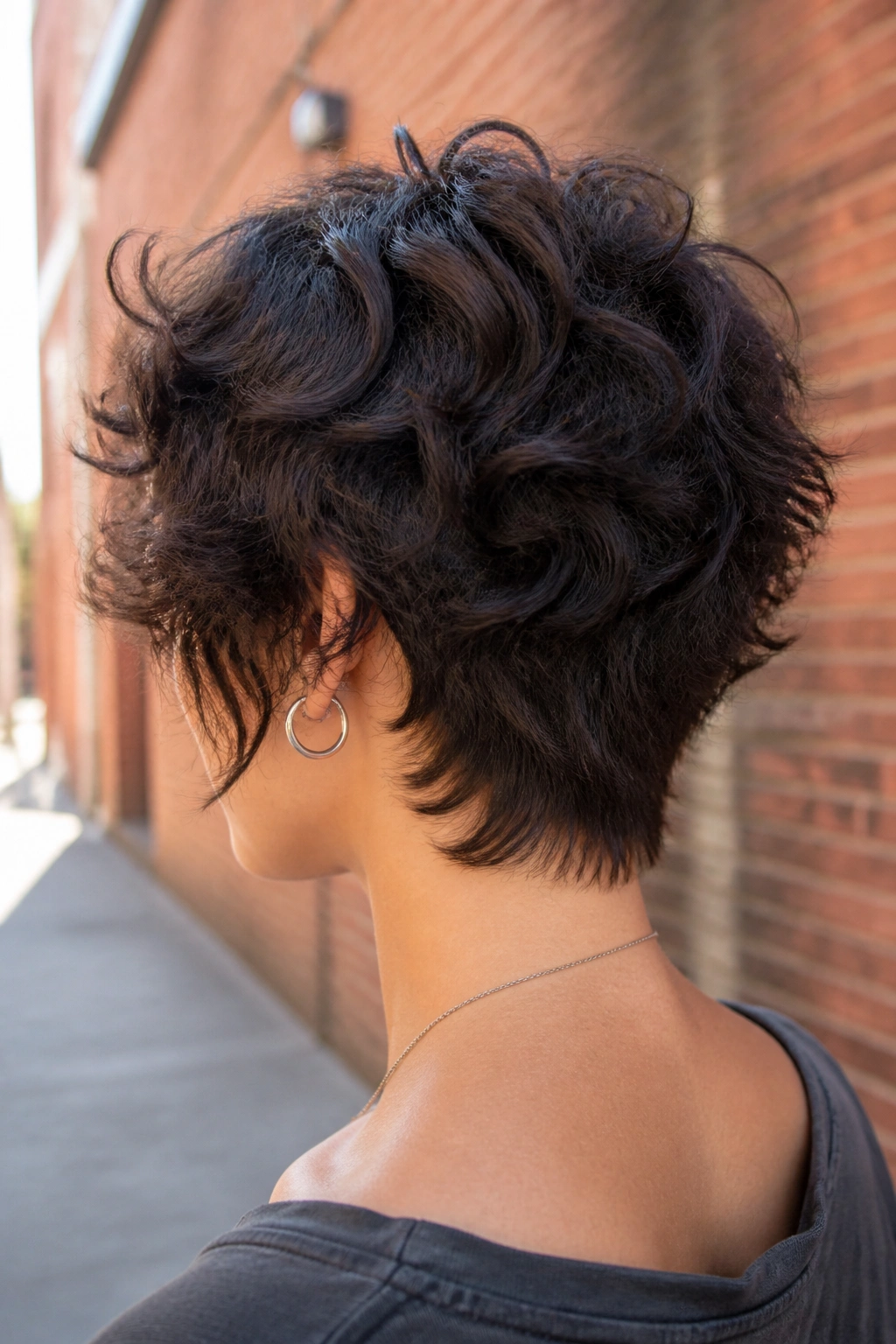 Back profile of real person with tapered nape wolf cut against brick wall