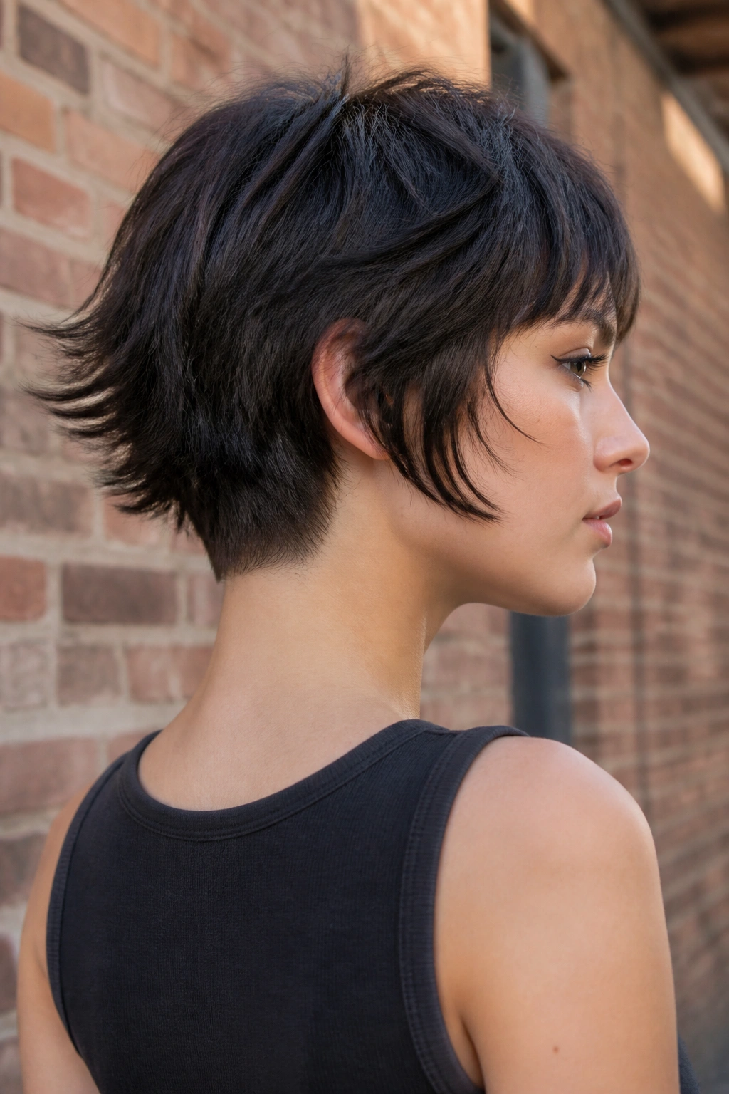 Three-quarter profile of real person with tapered nape wolf cut