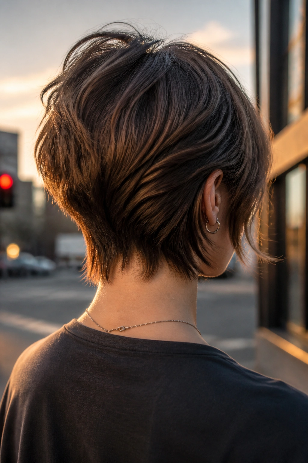 Back-view portrait of a real woman showing a tapered-nape Wolf Cut