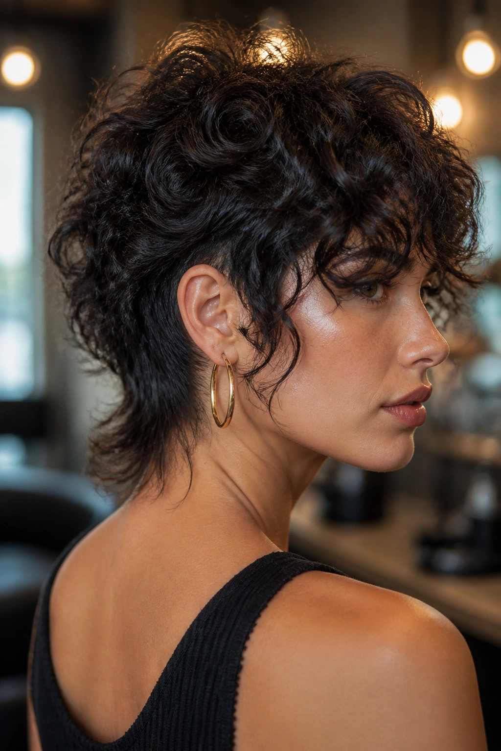 Portrait of a real woman with a curly mullet wolf cut and tapered nape in a salon setting.