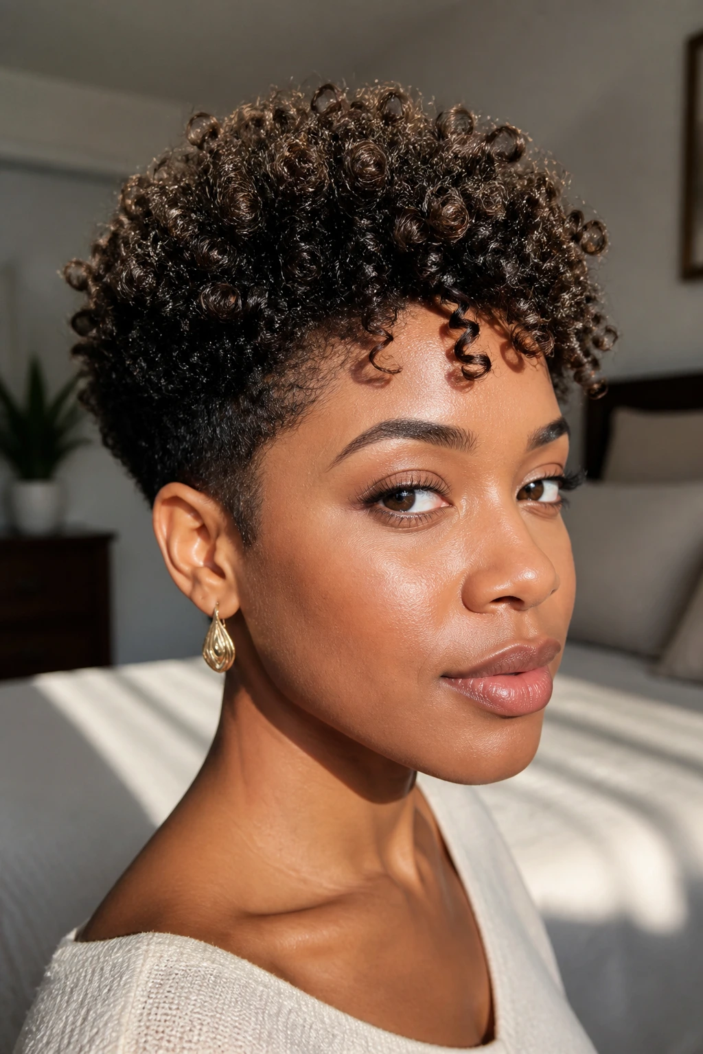 Close-up of a person with a tapered natural coil cut highlighting neck silhouette and top volume
