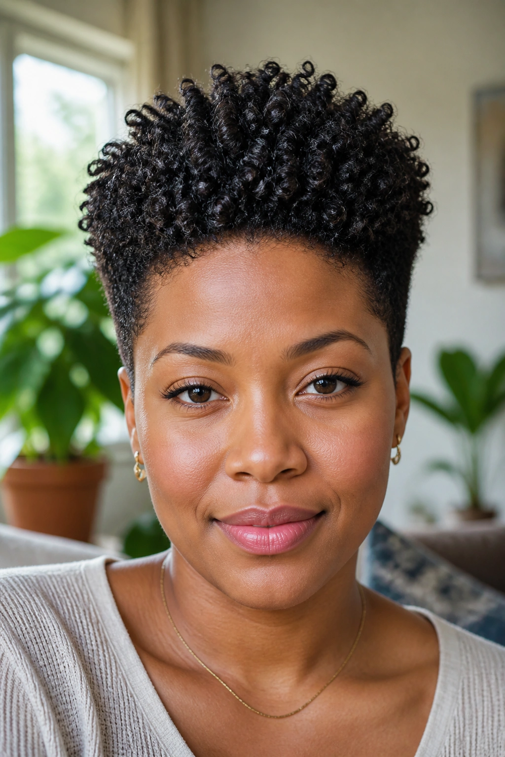 Close-up of a woman with tapered natural coils in a home setting