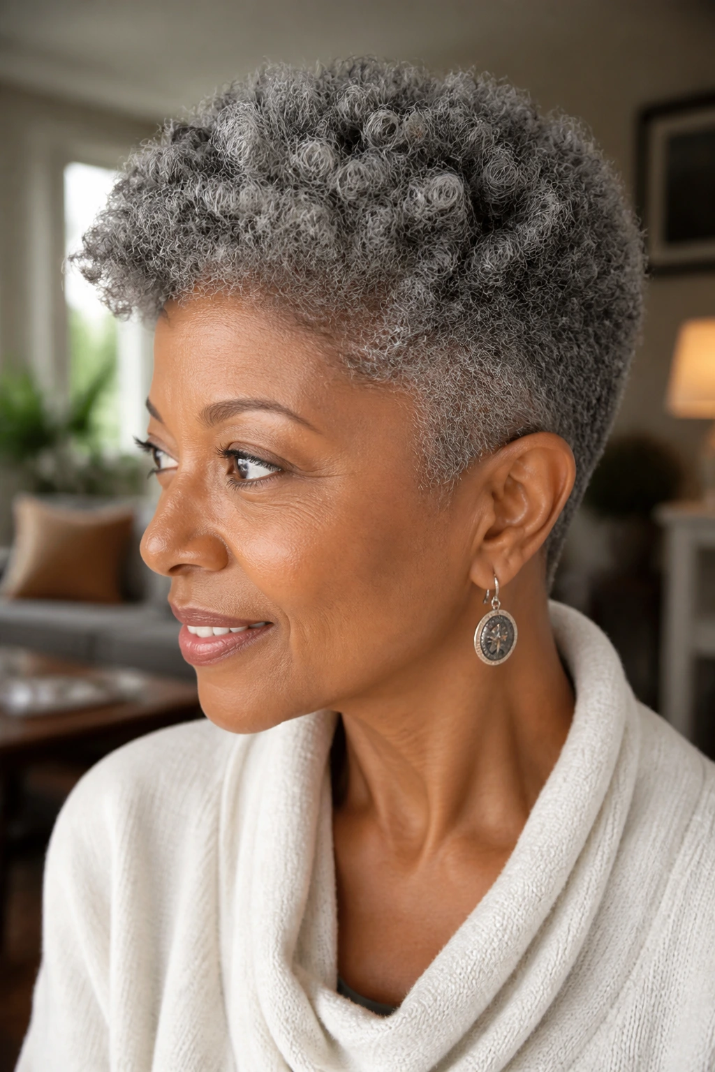 Close-up portrait of a real woman with a tapered natural coil cut in soft indoor light