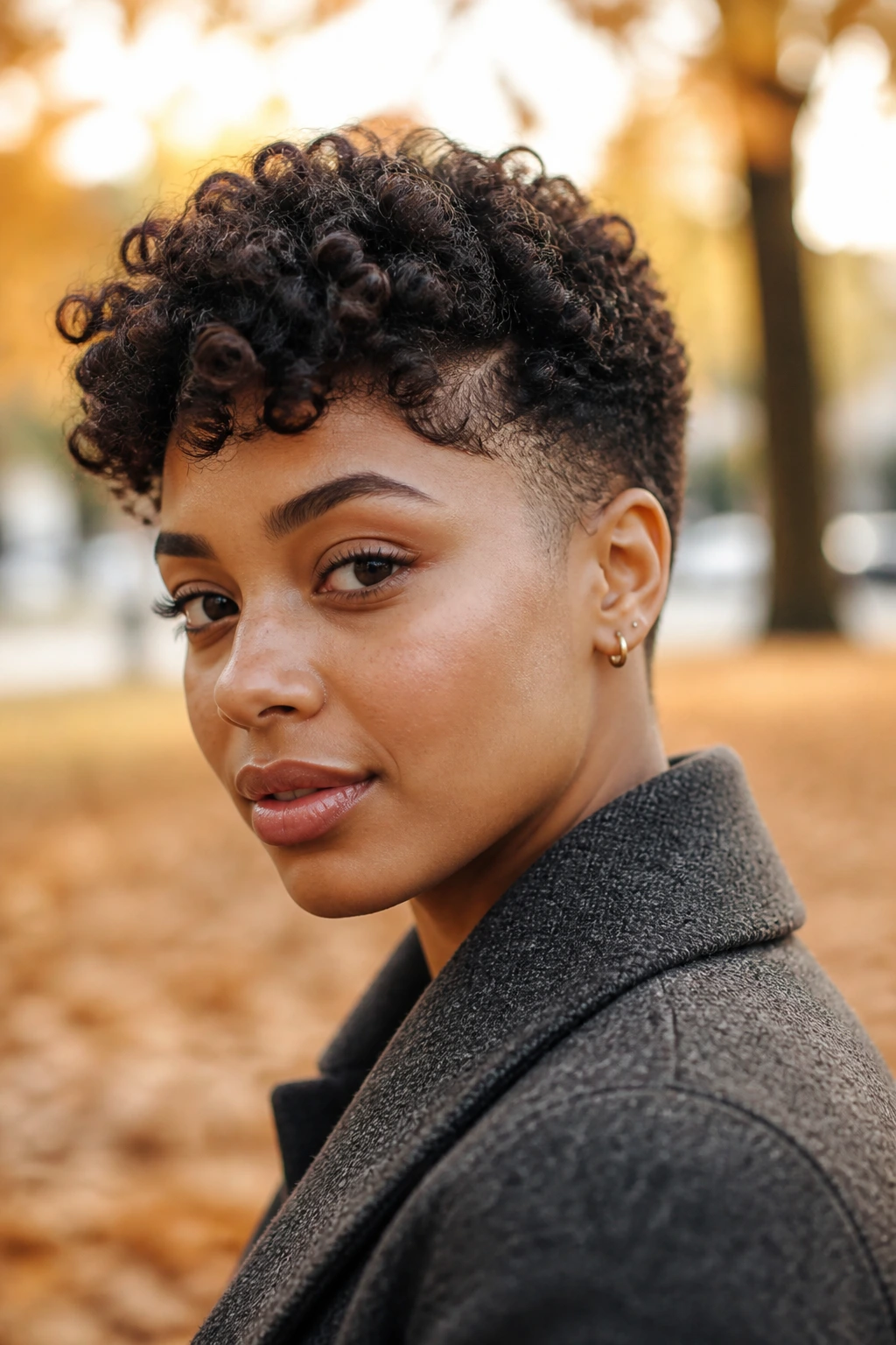 Close-up of a real person with tapered natural curls in a fall park setting