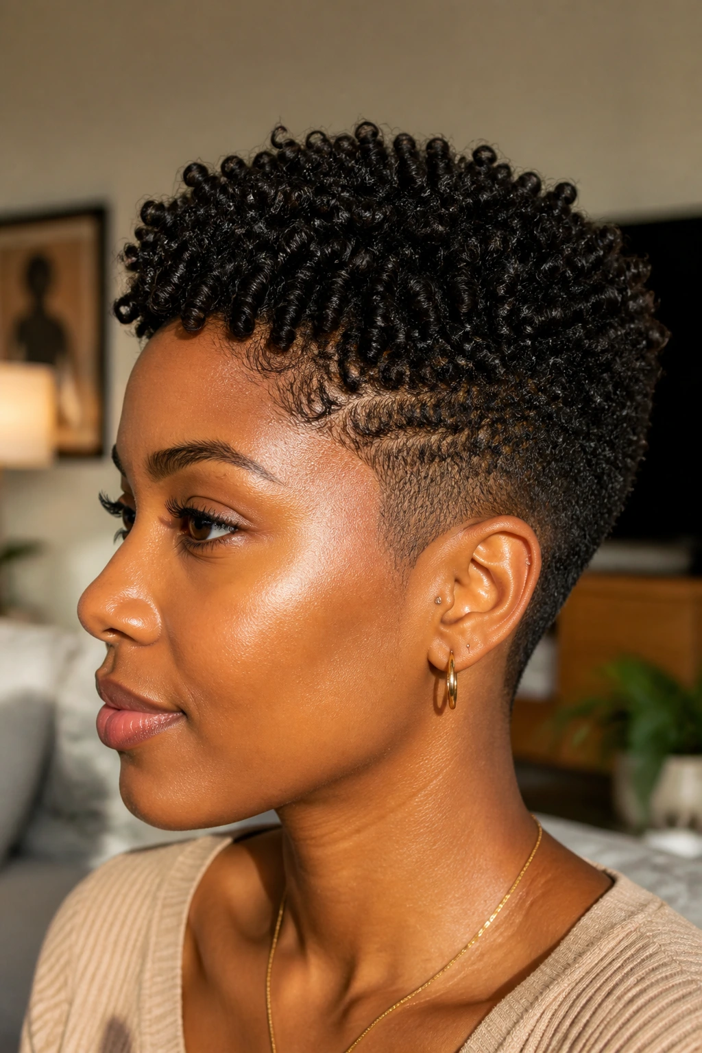 Close-up of tapered natural cut for coils and tight curls on a real person