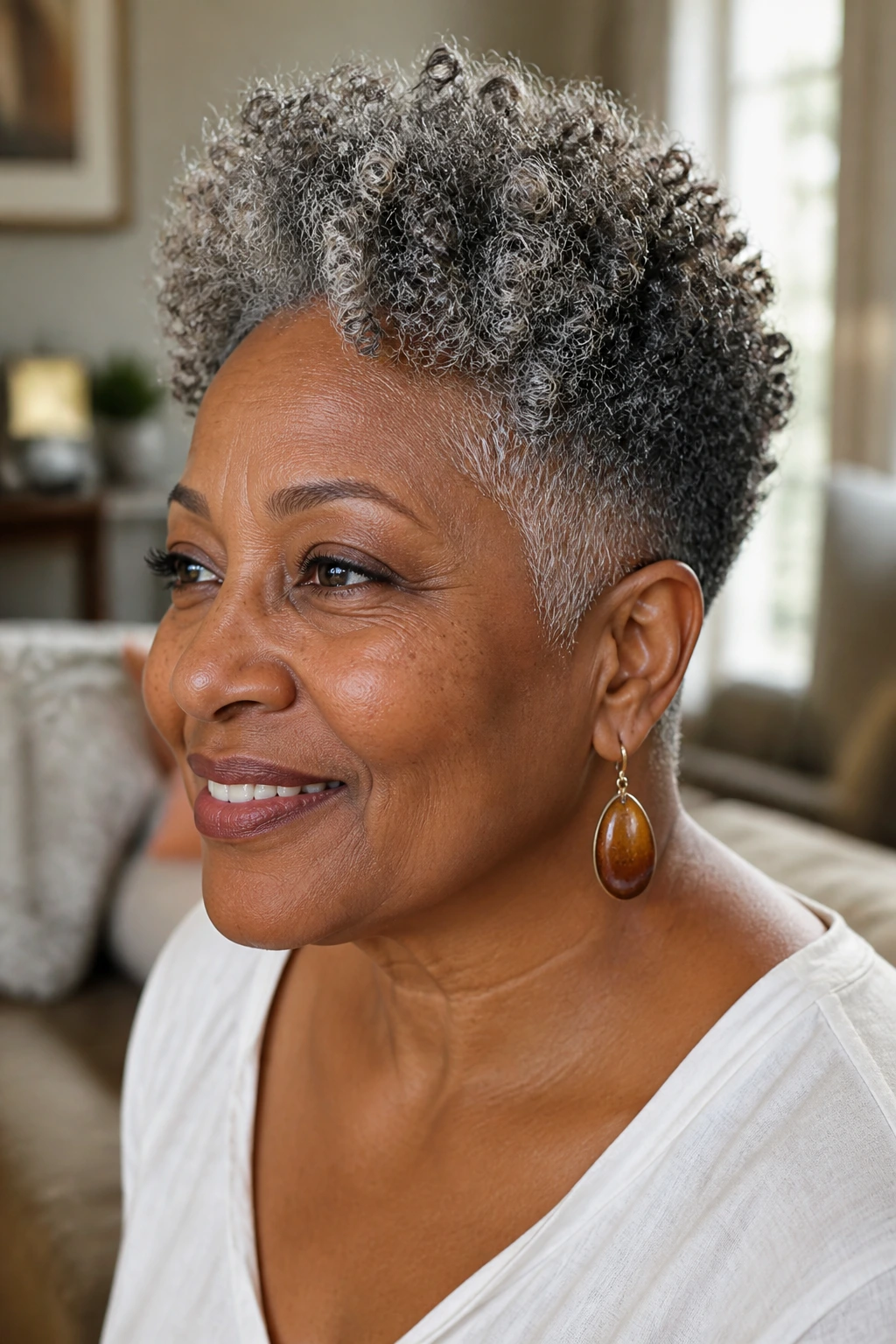 Close-up of an older woman with a tapered natural cut for coily hair.