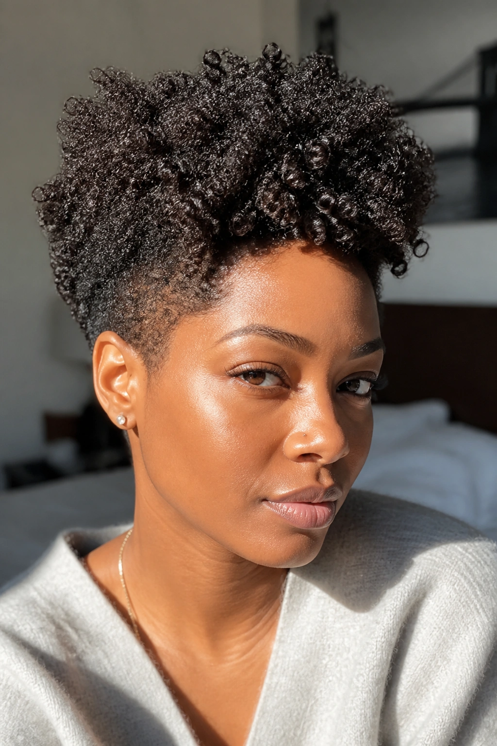 Close-up portrait of a person with a tapered natural cut featuring short sides and elevated top.