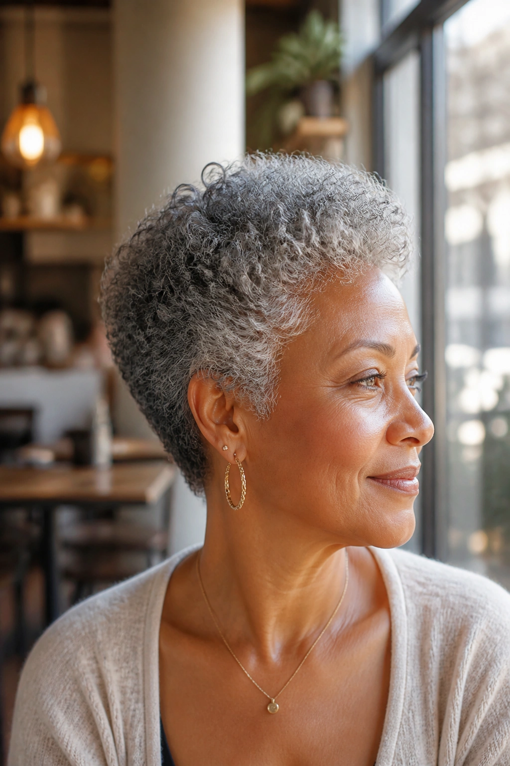 Close-up of a real woman with a tapered natural cut showing neck trim and full top.