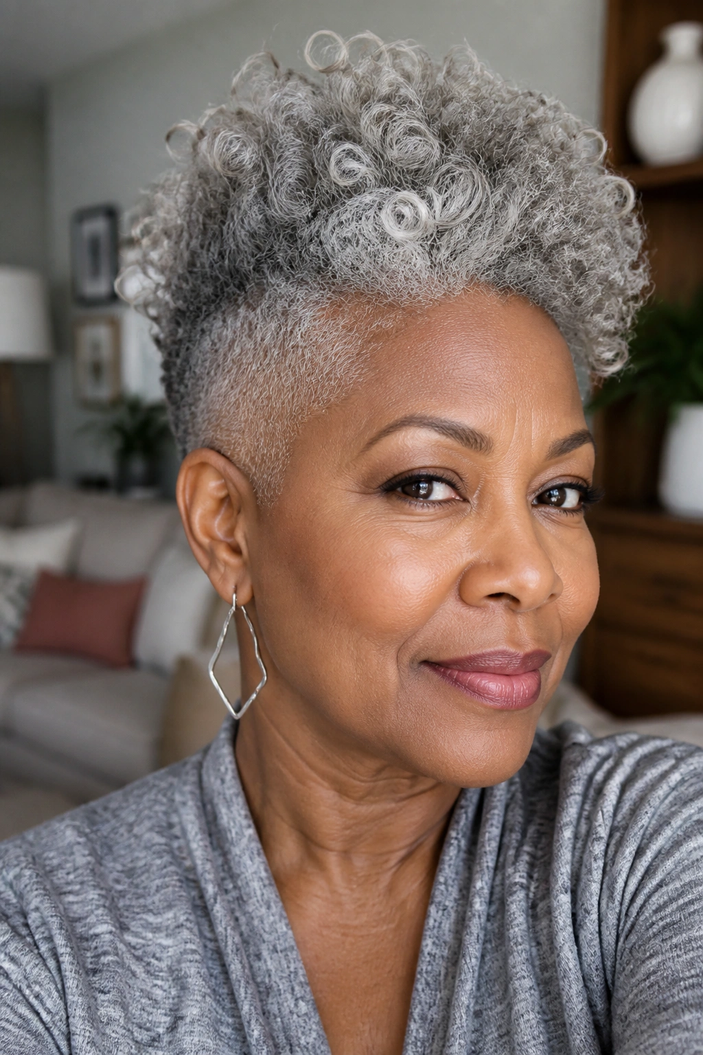 Close-up of a gray-haired woman with a tapered natural cut, warm window-light portrait.