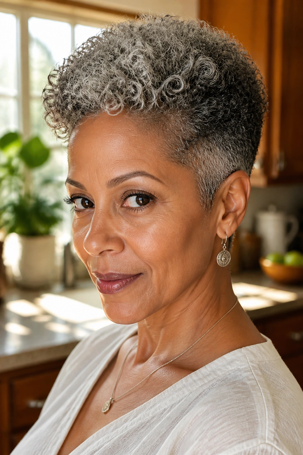 Portrait of a real woman with a tapered natural curly cut and fuller top, neat sides, soft crown light.