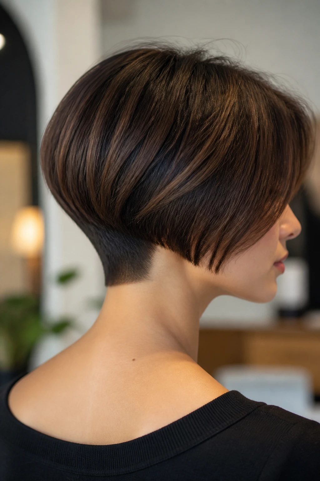 Profile of a woman with tapered neck bob highlighting the nape