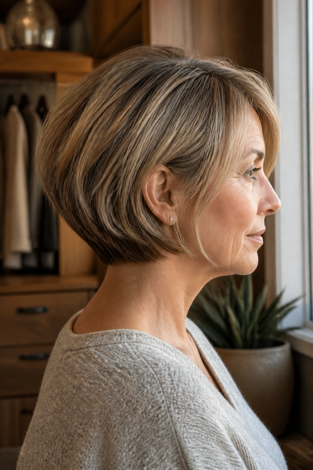 Side-profile portrait of a woman with a tapered neck-length bob