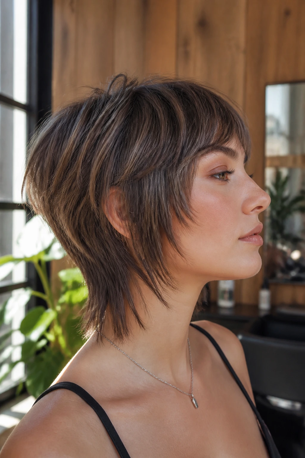Close-up portrait of a real person with tapered neck-length wolf cut, clean nape and feathered jaw