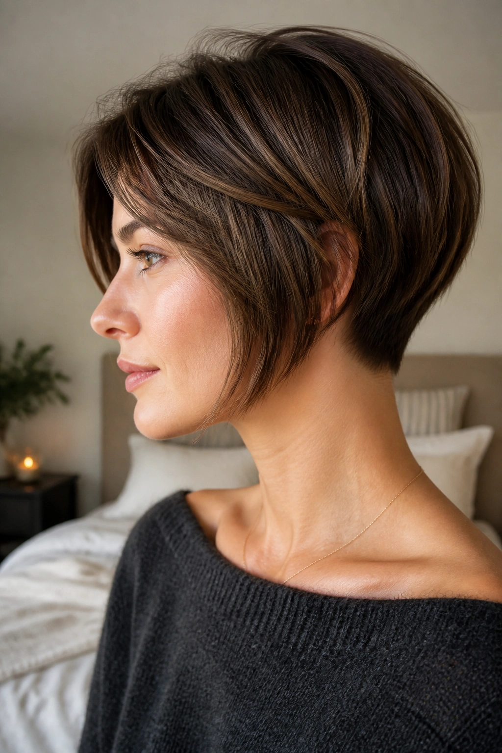 Close-up portrait of a real woman with a tapered neckline long pixie bob in warm natural light