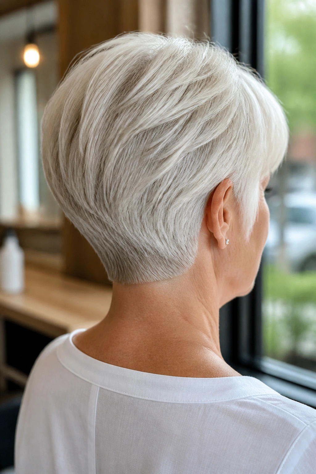 Close-up of a real woman showing a tapered neckline cut at the nape