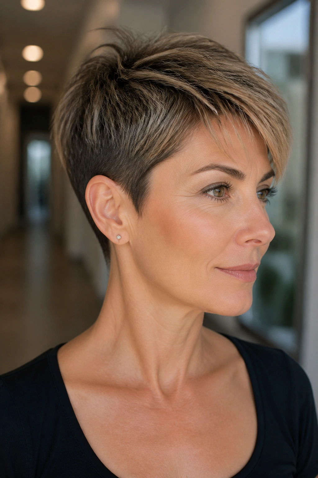Real woman with tapered pixie and neat neckline in diffuse daylight