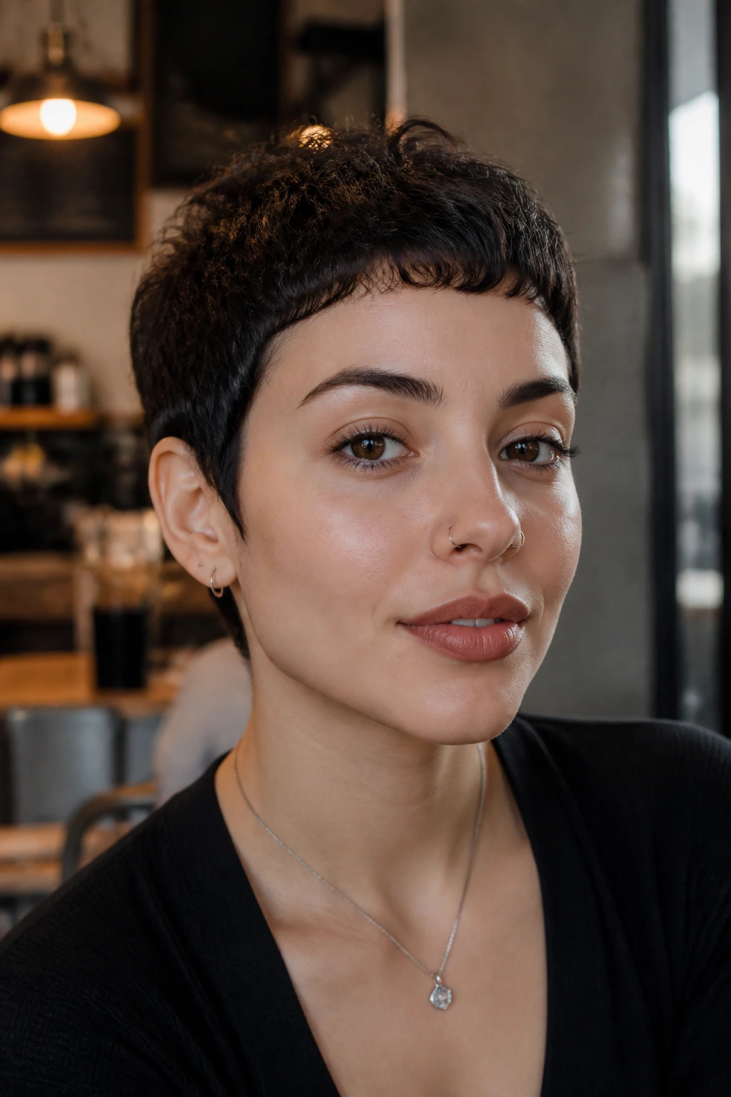 Close-up of a real person with tapered pixie bangs and a tight front edge.