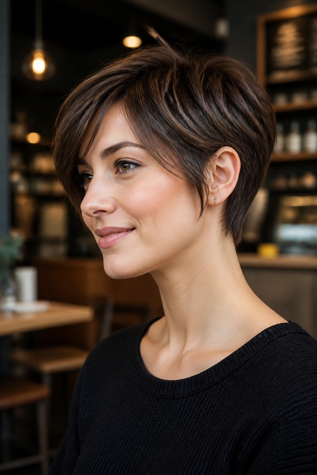 Portrait of a real woman with a tapered pixie bob