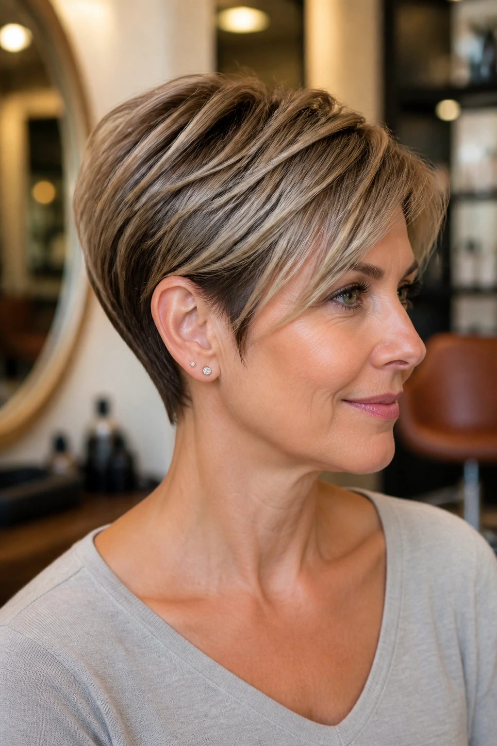 Close-up portrait of a woman with a tapered pixie bob in a salon