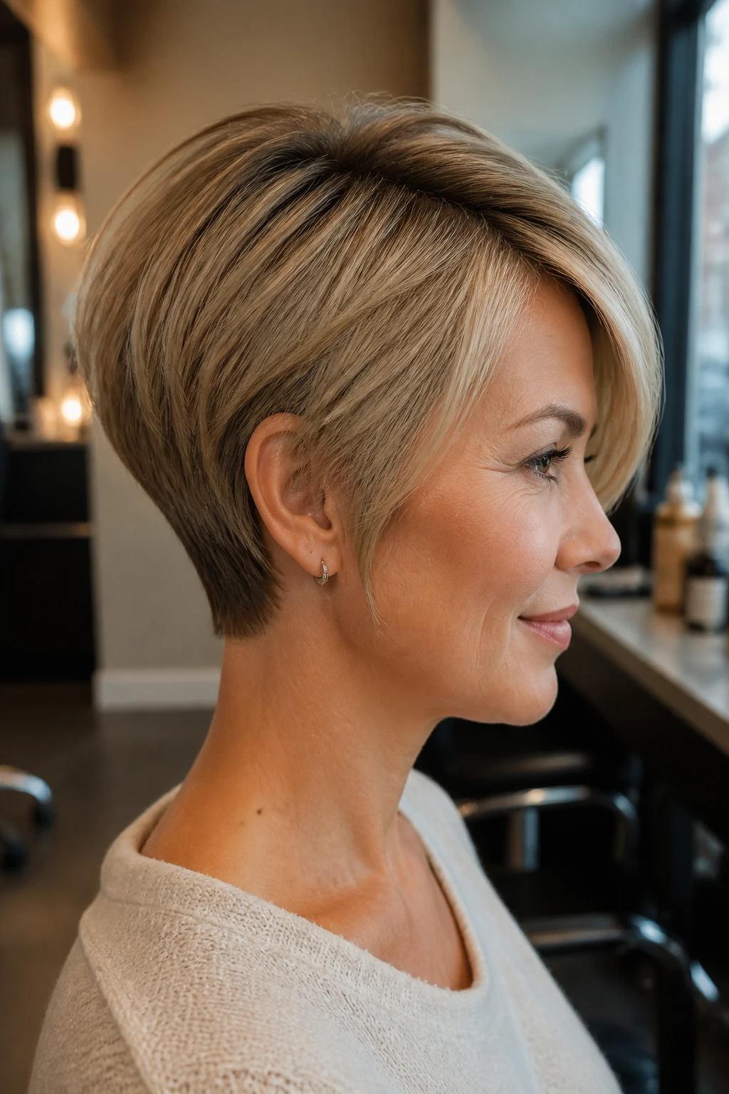 Close-up portrait of a real woman with a tapered pixie bob, showing tapered nape and fuller crown