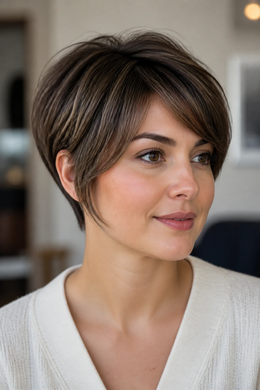 Close-up of a real woman with a tapered pixie bob for round face and fine hair
