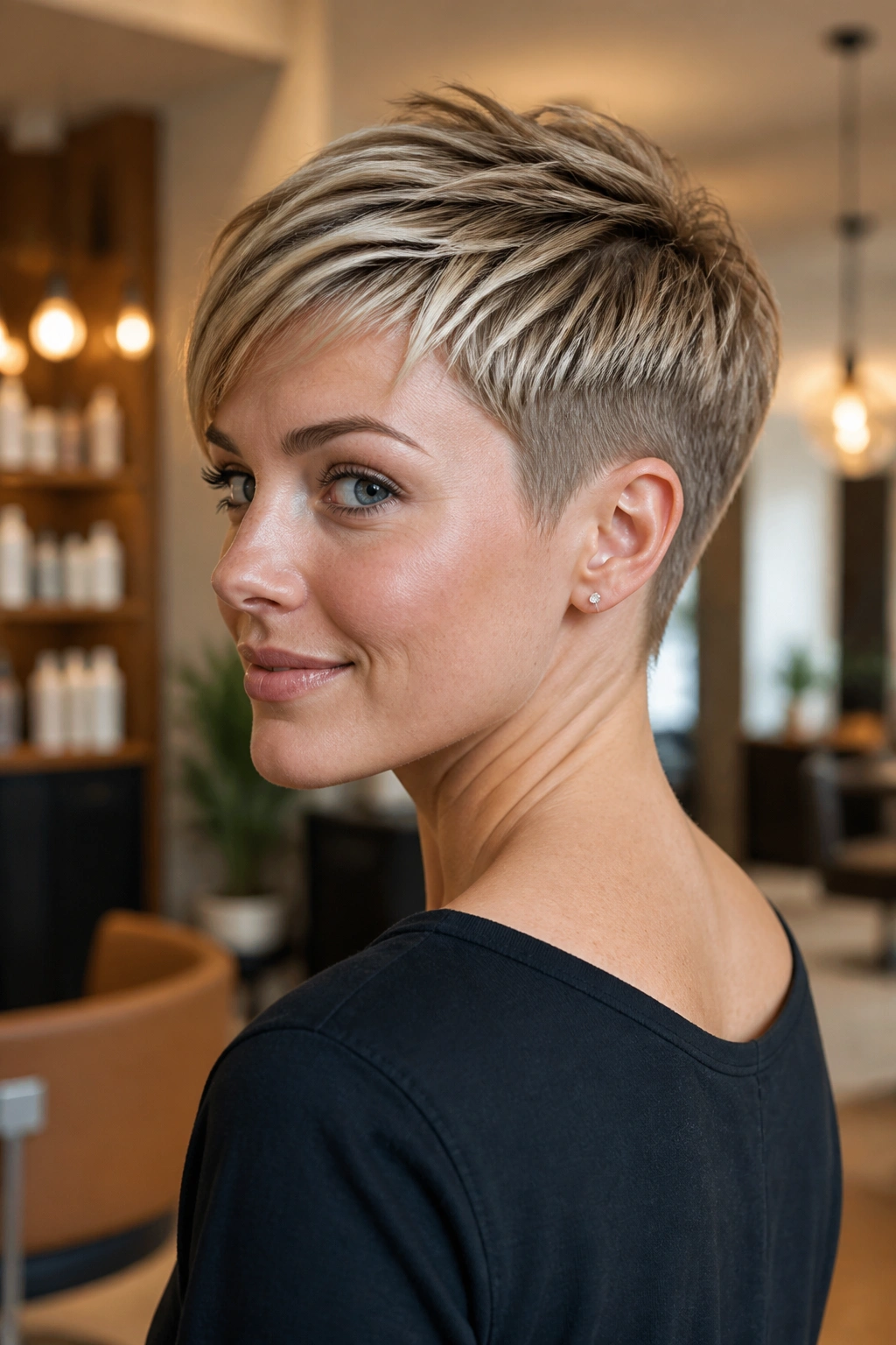 Tapered pixie with clean nape on a real woman.