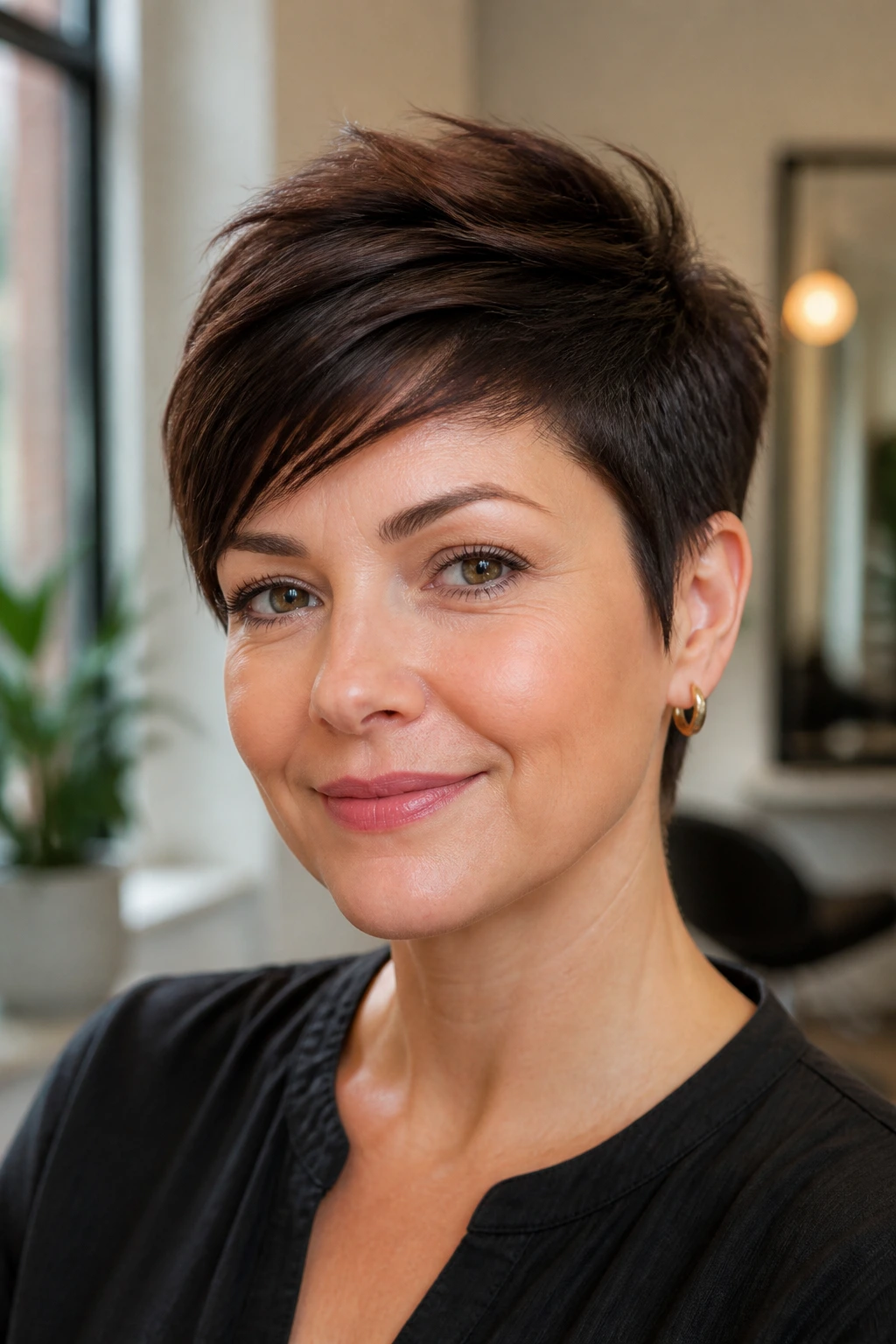 Close-up portrait of a real woman with a tapered pixie and long crown under warm natural light