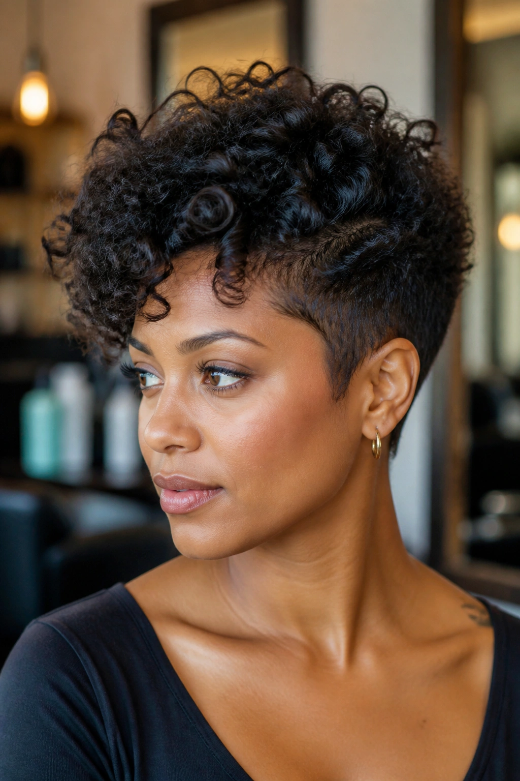 Medium close-up of a real person with tapered curly pixie crown in a salon