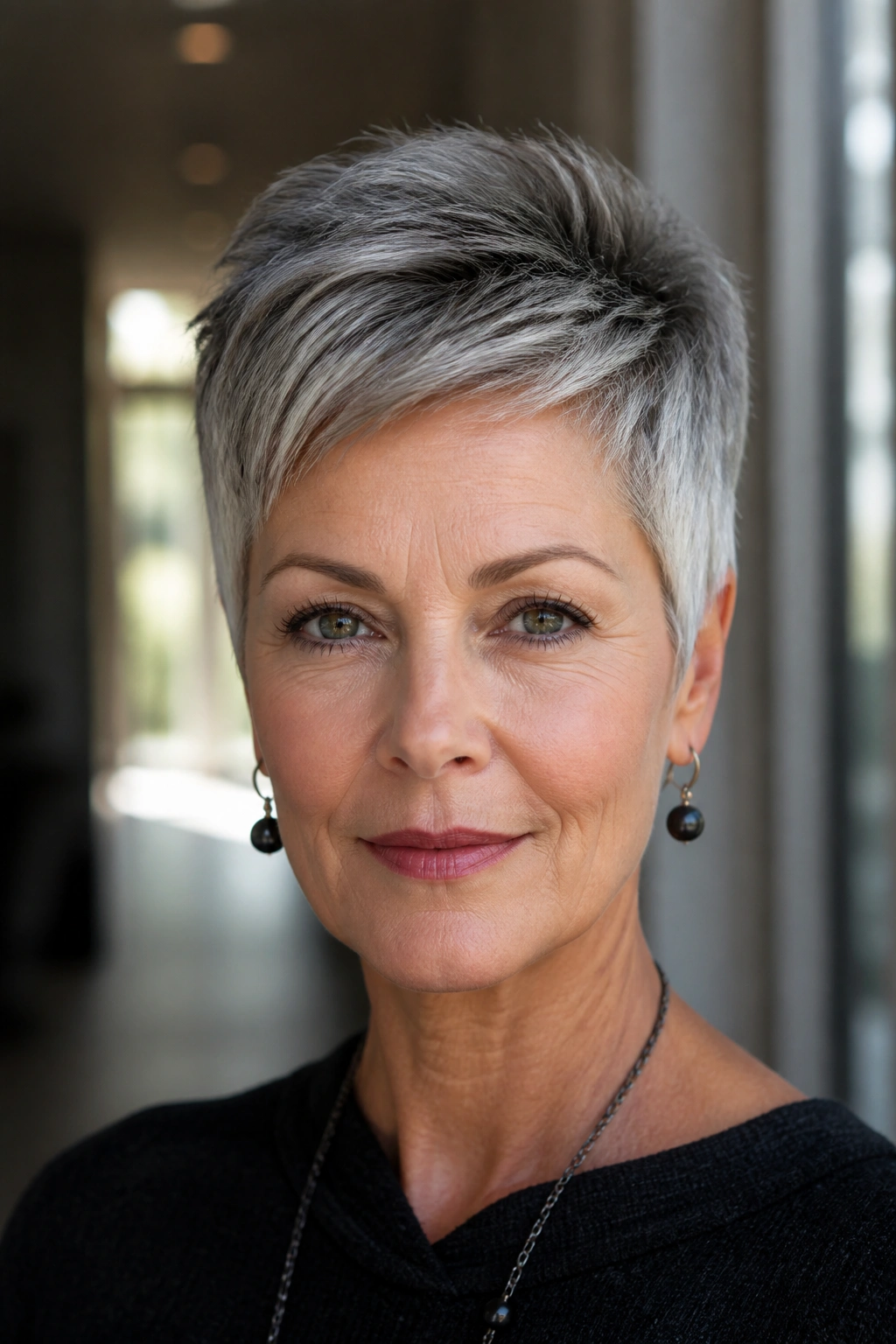 Close-up portrait of a real woman with a tapered pixie and longer crown