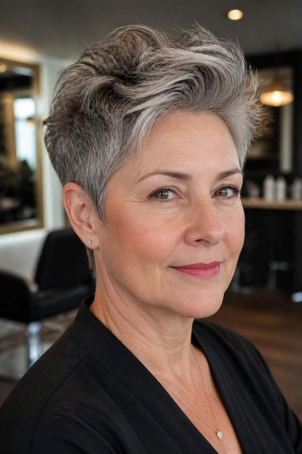 Portrait of a woman with a crown-lifted tapered pixie in soft salon light