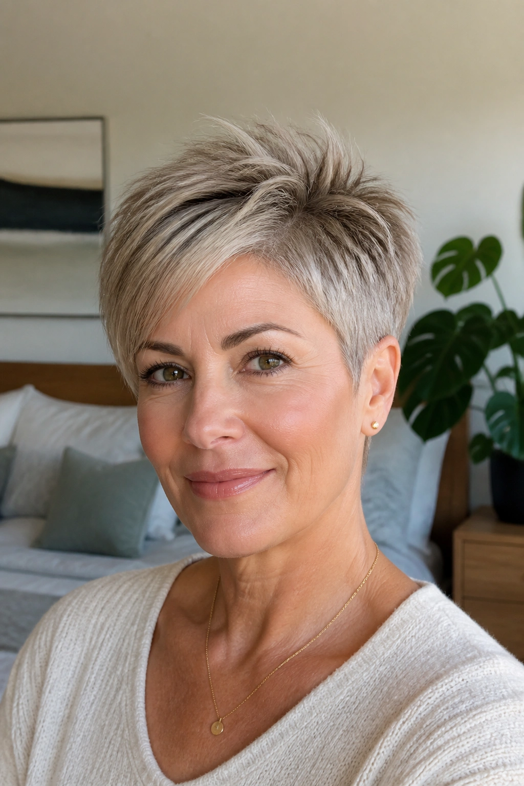 Close-up of a real woman with a tapered pixie and crown lift
