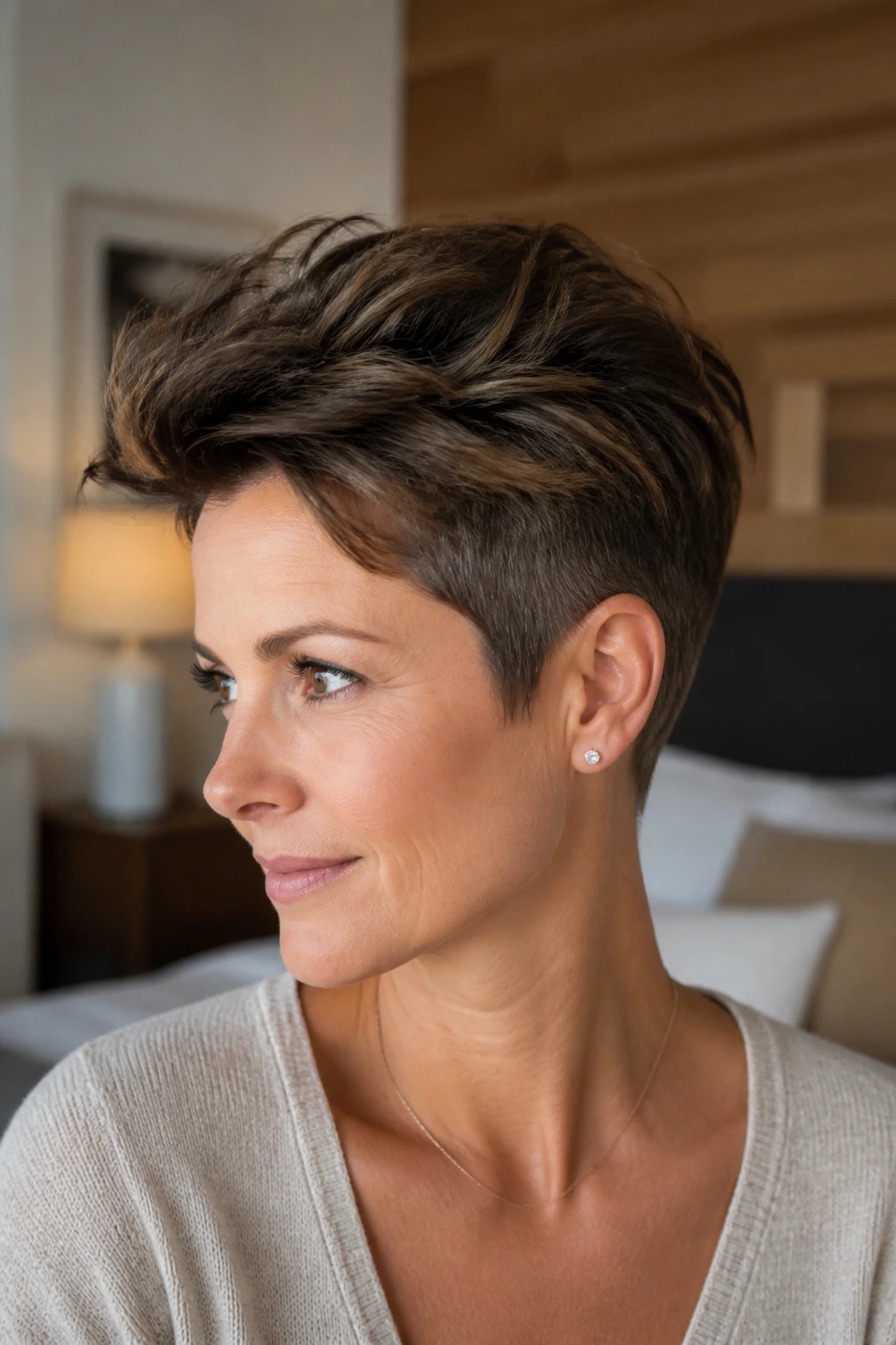 Close-up portrait of a real woman with a tapered pixie and crown volume in warm light