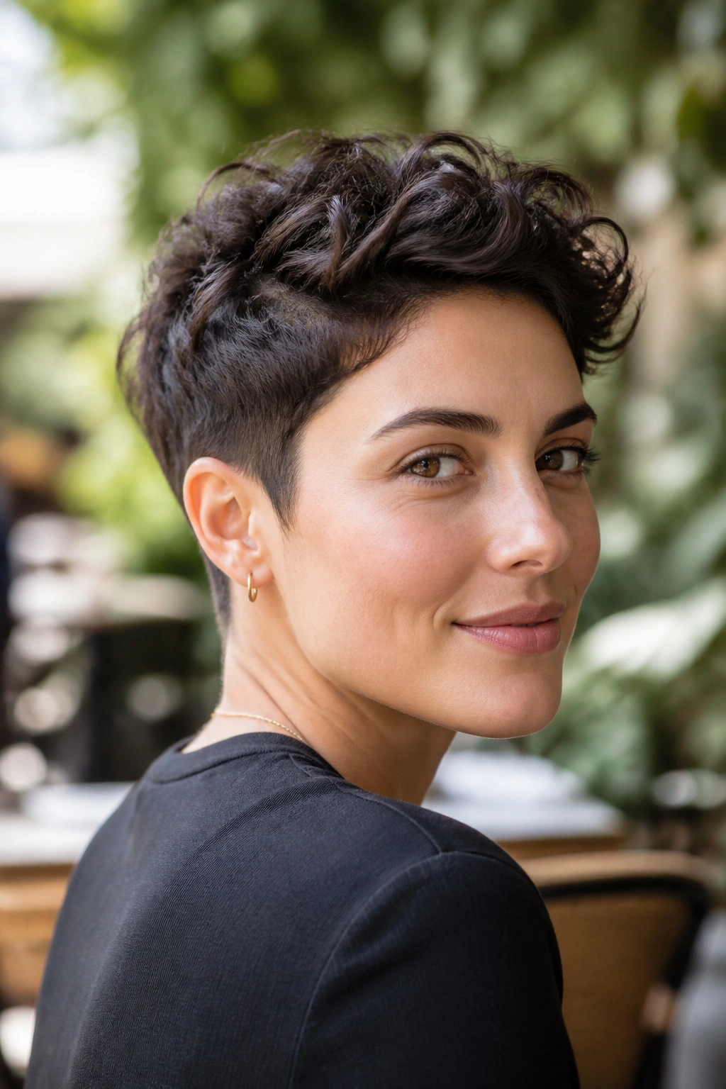 Close-up of a woman with a tapered natural-texture pixie outdoors in daylight