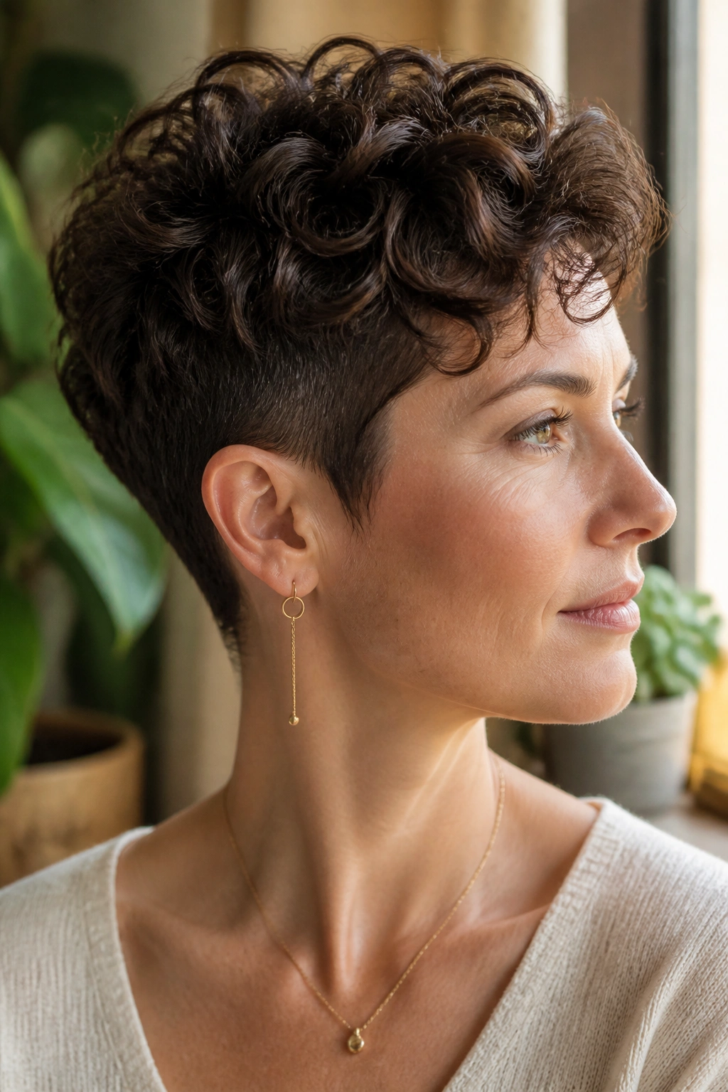 Real woman with tapered pixie and curly crown, close-up.
