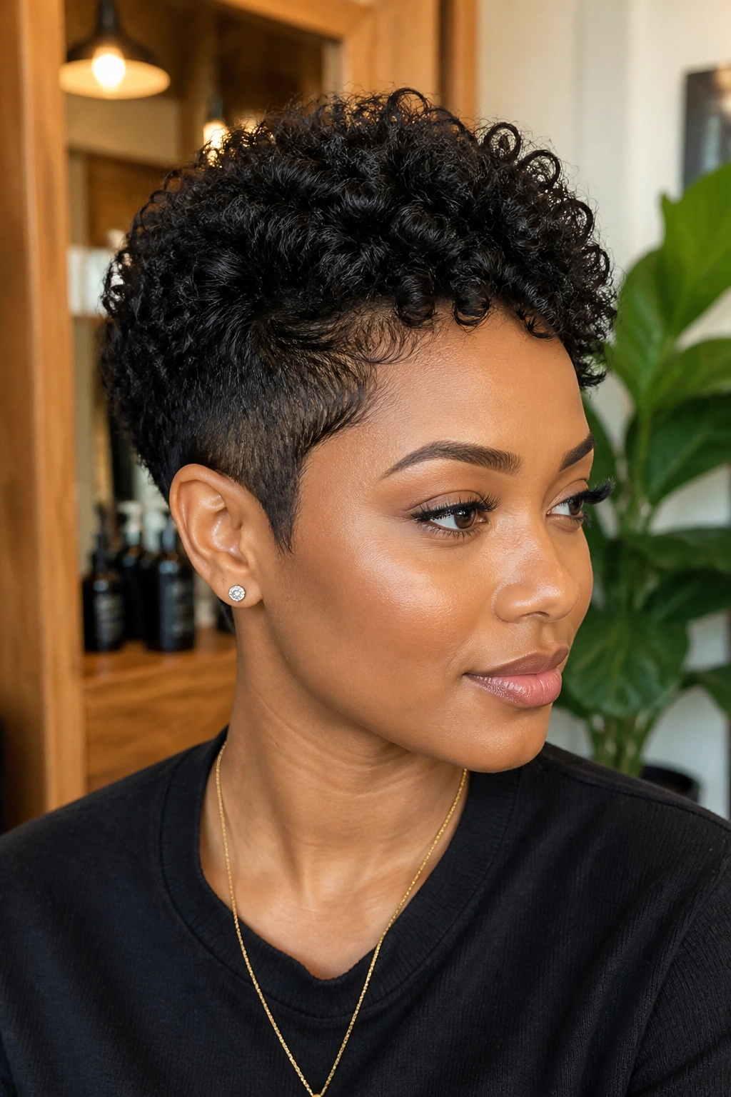 Close-up of a real Black woman with a tapered curly pixie cut, short sides and defined top.