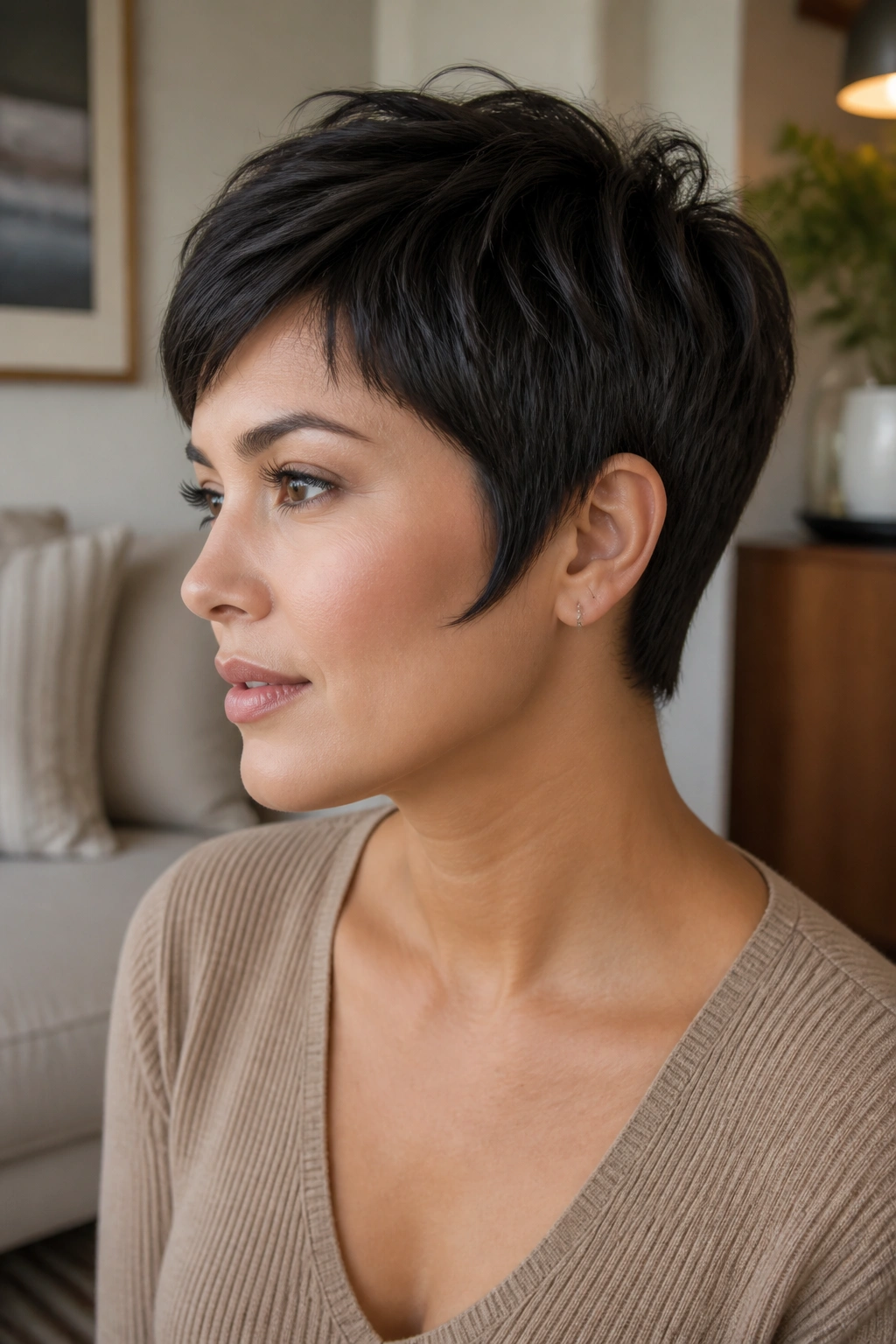 Close-up portrait of a real woman with a tapered pixie and curved sideburns around the ear